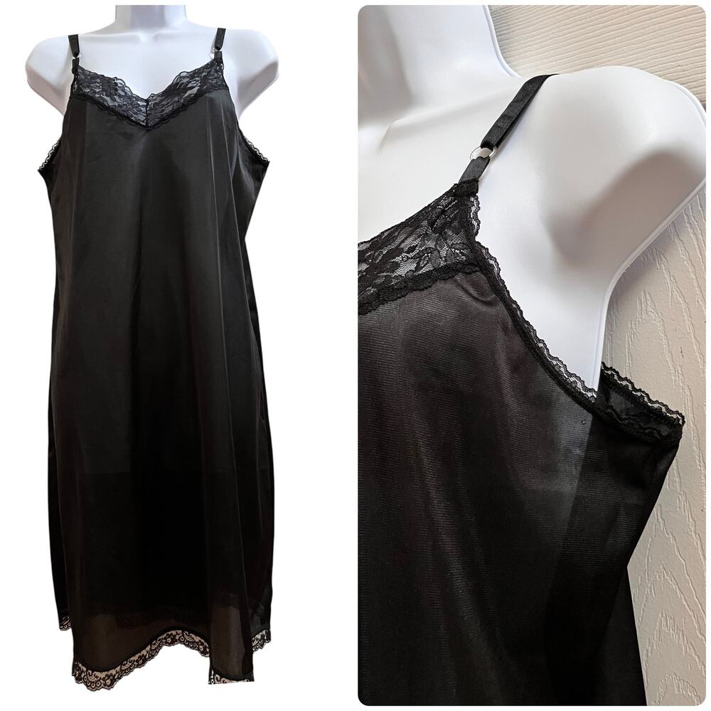Vintage Heavenly Secrets Black Satin Lace Trim Slip Size Large Feminine